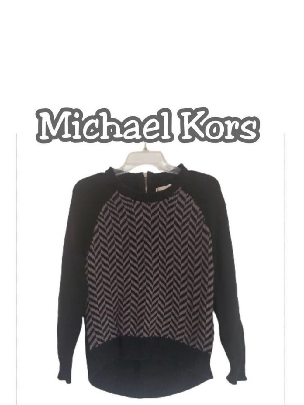 Michael Kors Black and Gray Chevron Knit Crewneck Sweater